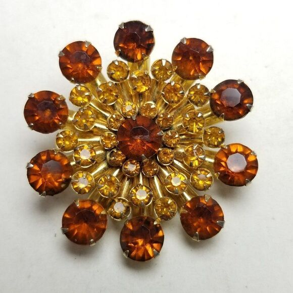 Vintage Yellow and Dark Orange Rhinestone Cluster Floral Flower Brooch 60s Style - Picture 5 of 6